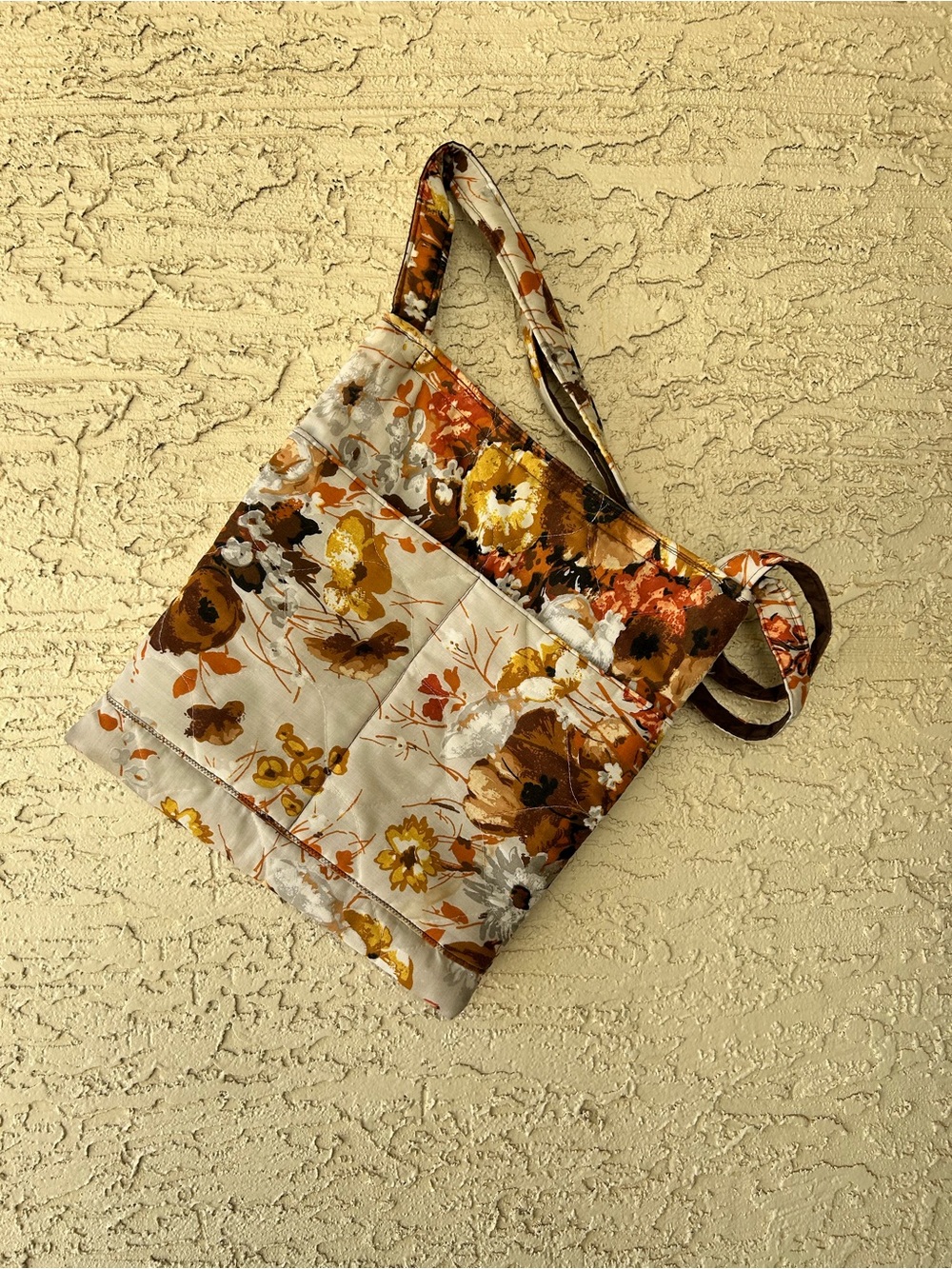 70s Floral Cotton Shoulder Bag in Cream and Brown